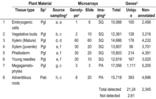 Table 2.6 The PiceaGenExpress database: sample characteristics, hybridizations and detected  genes 