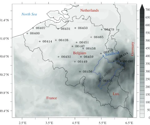 Figure 1. Orography of the study area, location of the weather stations used in this study with their WMO identifier, limits of the Ourthe River catchment area upstream of the gauging station of Sauheid