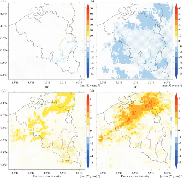 Figure 4. Trends computed from MAR-ERA over 1959–2010 in (a) the rainfall amount (RF) in winter (DJF), (b) the snowfall amount (SF) in winter, (c) the intensity of extreme precipitation events in winter (trend in the 95th percentile of daily precipitation 