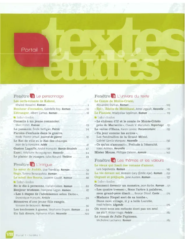 Figure 3: Aperçu table des matières Portail, manuel de l'élève 5 e  secondaire, Français  (Lachanche et Lacroix, 2009, p