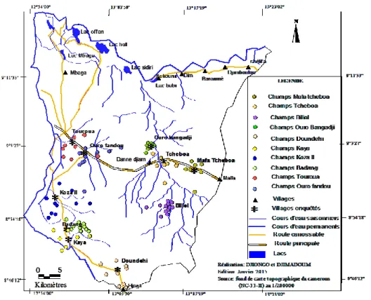 Figure  13 :  Localisation  des  champs  agroforestiers  à  l’intérieur  de  la  ZIC  19,  nord  Cameroun