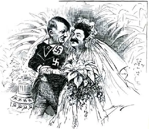 Figure 2 :  Caricature représentant le pacte de non-agression entre l'Allemagne  et l'URSS, tirée du livre La seconde Guerre mondiale en caricatures, disponible  en ligne : http://www.bakchich.info/La-guerre-en-dessins, 07498.html