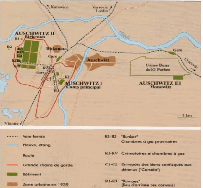 Figure  9  :  Plan  du  complexe  d'Auschwitz,  disponible  en  ligne  sur  le  site  http://www.sonderkommando.info/lieux/ 