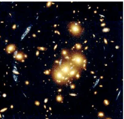 Figure 1: A cluster of galaxies CL0024+1654. A single background source, a distant ring galaxy, is being strongly lensed by the cluster into ve images, which are readily recognized by their blue colour