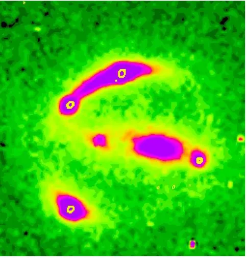 Figure 4: A gravitationally lensed QSO, B1608+656, from the CLASS survey. The source is a post-starburst radio galaxy with extended optical structure, and compact radio-emitting core
