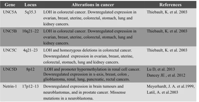 Table 1.4: Alterations of Netrin-1 and UNC5 receptors in cancer. 