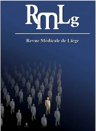 Figure 1. Couverture de la Revue Médicale de Liège, proposée pour  l’année 2015, illustrant symboliquement deux aspects de la  méde-cine, la médecine de masse et la médecine personnalisée (composée  par Mr Claude Ernotte).