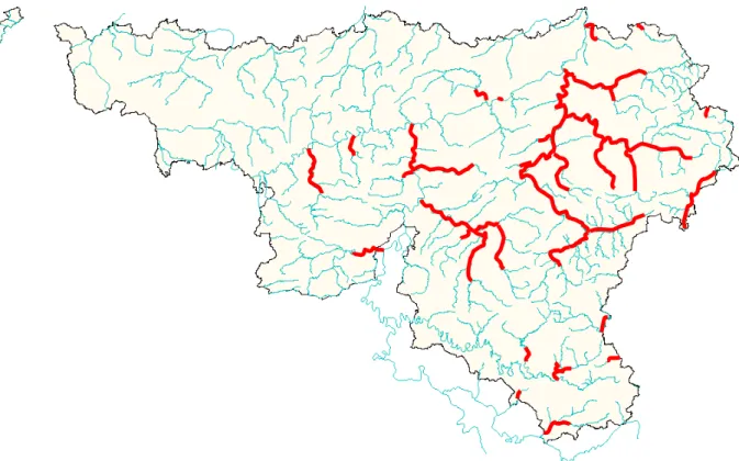 Figure  9 :  Cours  d'eau  de  Wallonie  constituant  le  domaine  hydrographique  nécessitant  le  rétablissement  de  la  libre  circulation  de  l'ombre  commun    (complété  d'après  Philippart  et  Vranken,  1983)