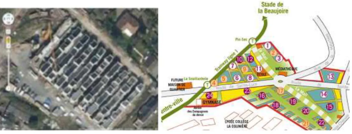 Fig. 4.6 – Le plan masse de l’ˆılot 2 et plan masse du projet entier de Botti`ere Ch´enaie [Nantes 08].