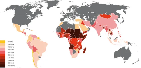Fig. 1. Porcentage de la population urbaine vivant dans les bidonvilles par Etat, UN-HABITAT,  Global Urban Obsevatory Database (2005) 