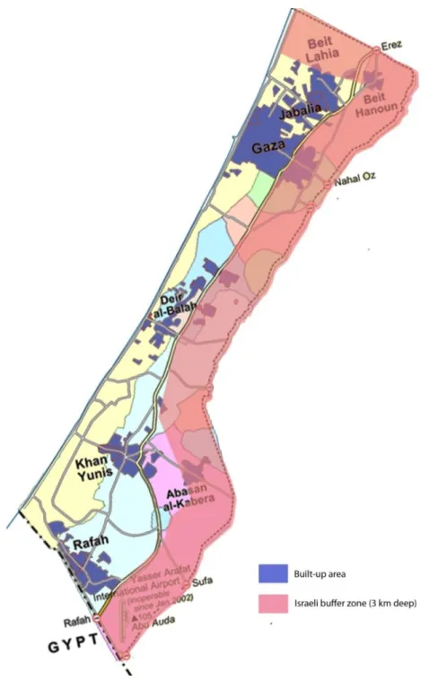 Figure 25 The Israeli buffer zone, build-up area, and soil types in Gaza Strip. Source: (Author, 2017) 