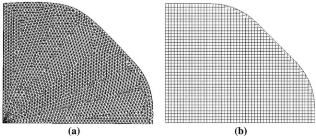 Fig. 7 Initial blank shape obtained using empirical formulae and the corresponding initial  in-plane mesh for a ABAQUS and b DD3IMP