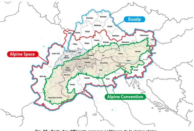 Fig. 07 : Carte des différents espaces politiques de la région alpine. 