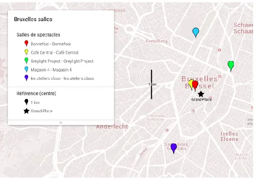 Figure 2 : Carte de Bruxelles avec les repères indiquants les salles de spectacles visités