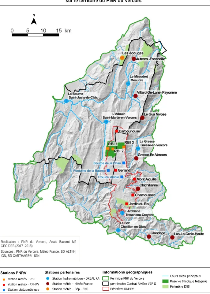 Figure 4  : Présentation des réseaux de stations de suivi climatique et hydrologique du PNRVRéalisation  :  PNR  du  Vercors,  Anais  Bavarot  M2 