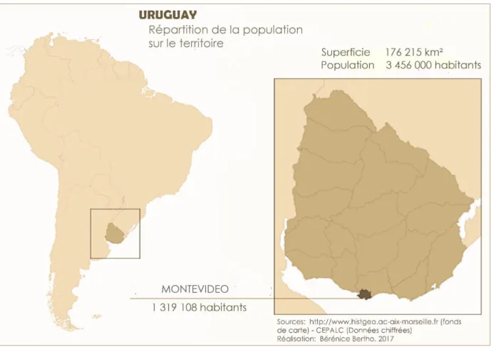 Figure 4 : Carte présentant la localisation, population et superficie de l’Uruguay et du Département de  Montevideo