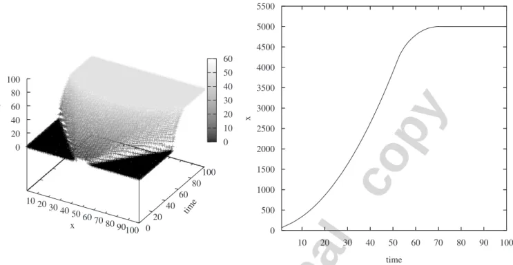 Fig. 1. Concentration evolution for a time delay t d ¼ 1 IS; on the left: concentration summed up along y-axis; on the right: the total concentration of the system.