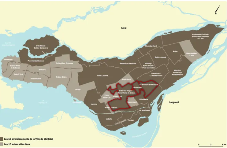 Figure 3 - Les différents arrondissements et villes liées de Montréal  Source : Ville de Montréal, 2016  Réalisation : E.BOTTANI, 2016 