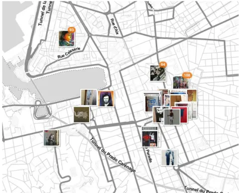 Figure 4 - Carte localisant les œuvres urbaines à Marseille  Source : Urbacolors, 2016 
