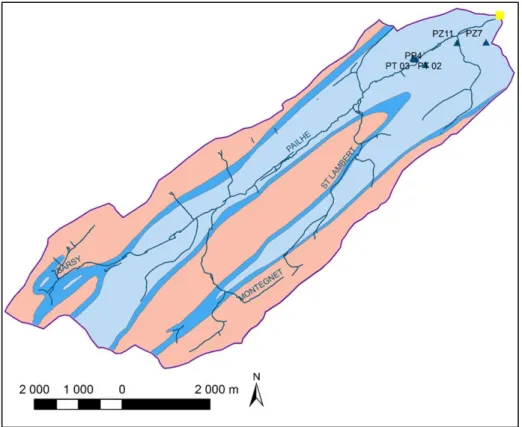 Figure 2-8 : Localisation des piézomètres dans le sous-bassin du ruisseau de Pailhe. 