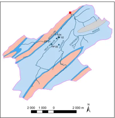 Figure 2-10 : Localisation des piézomètres dans le sous-bassin délimité par la station « ST8 - Petit Avin » 
