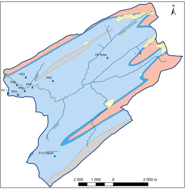 Figure 2-14 : localisation des piézomètres dans le bassin versant du Torrent de Bonne