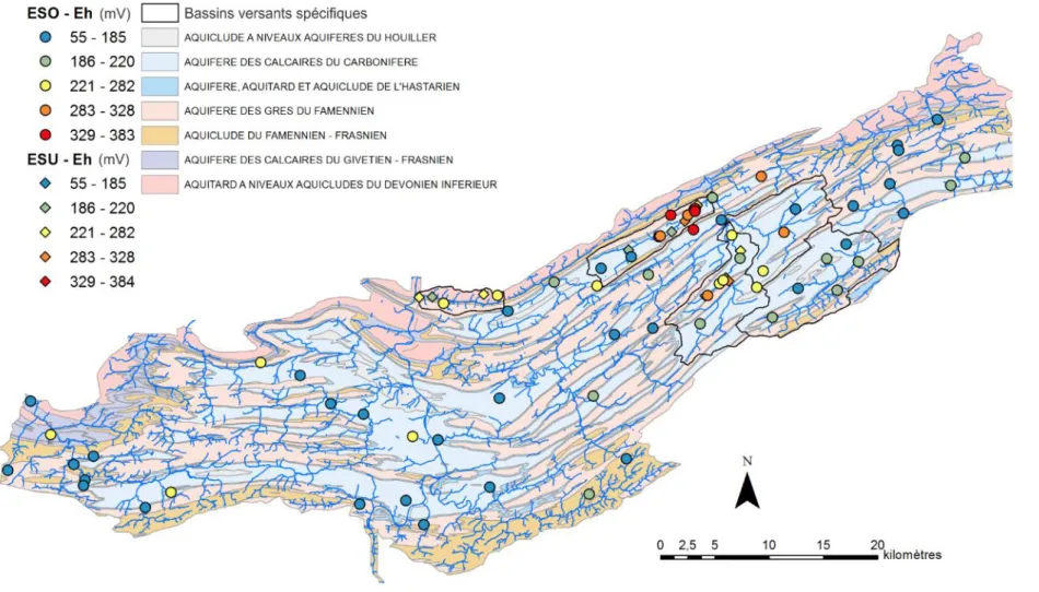 Figure 7 : Répartition spatiale des valeurs de potentiel d’oxydo-réduction (mV) mesurées in-situ; les symboles ronds correspondent aux eaux souterraines   tandis que les symboles en diamant correspondent aux eaux de surface ; les classifications sont basée