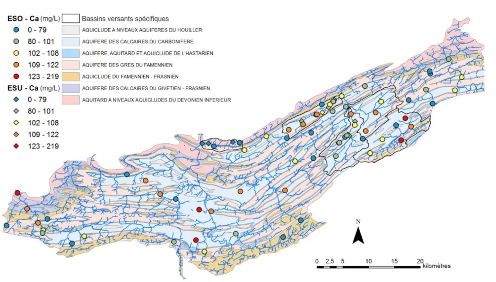 Figure 8 : Répartition spatiale des concentrations en calcium (mg/L) ; les symboles ronds correspondent aux eaux souterraines   tandis que les symboles en diamant correspondent aux eaux de surface ; les classifications sont basées sur les percentiles calcu