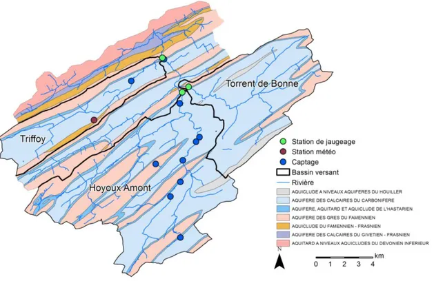 Figure 5 : Localisation des stations de jaugeage, de la station météo et des captages dans les bassins étudiés 