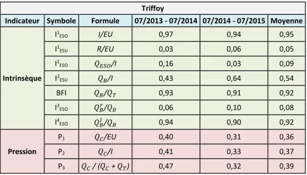 Tableau 7 : Calcul des indicateurs pour le bassin du Triffoy 