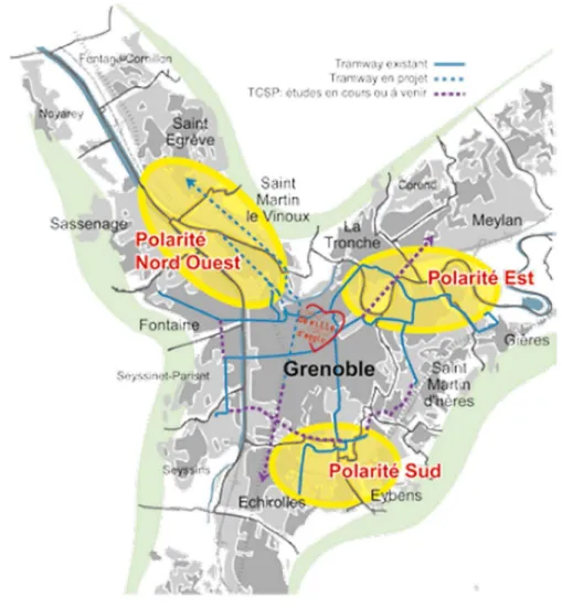 Figure 11 : Les trois polarités économiques de l'agglomération grenobloise.  Ecocité grenobloise, dossier de  candidature, mars 2011