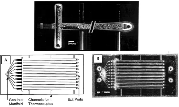 Figure 0-1. Photomicrograph of the micro-packed bed loaded with catalyst (Top). Schematic of the  multichannel reactor design illustrating fluid manifold to 10 parallel fixed-bed reaction channels (A)