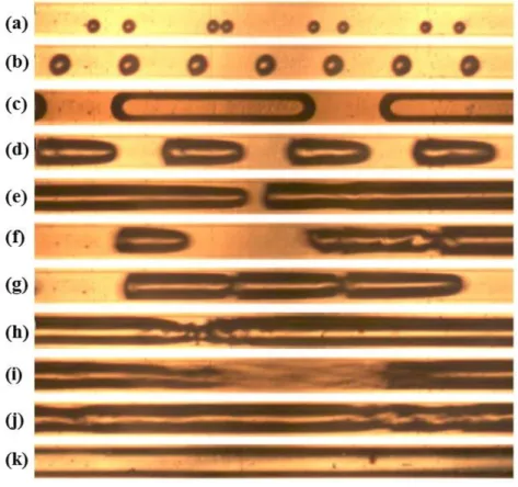 Figure 0-8. Typical images encountered during CO2–water flow in the micro-channel with dh= 400  µm (flow from left to right with observation point at a distance of 3 cm from entrance): (a) bubbly flow (j G
