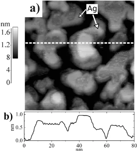 Figure 4. (a) STM image of 0.25 ML Ag deposits on a Pd 16 M L /Ag/mica substrate and (b) height profile along the dotted line drawn on the STM image.