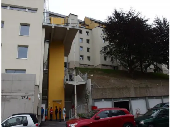 Figure 1-5: Stairs and elevator (colored in yellow) constructed specifically for the  added floors on the rooftop in Kierling, Austria © Georg Reinberg 
