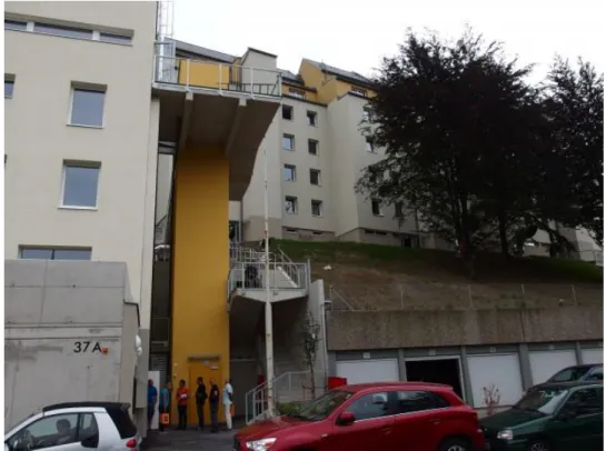 Figure 1-5: Stairs and elevator (colored in yellow) constructed specifically for the  added floors on the rooftop in Kierling, Austria © Georg Reinberg 