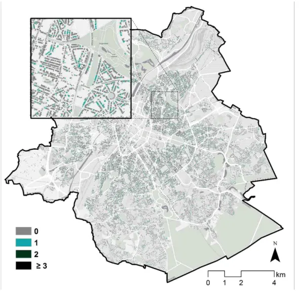 Figure 2-13: Roof stacking potential presented in the number of additional floors with  respect to strict urban regulations &amp; buildings strength 