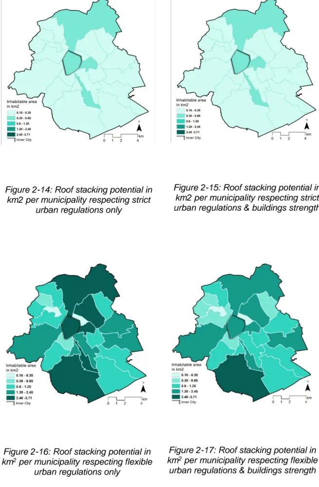 Figure 2-15: Roof stacking potential in  km2 per municipality respecting strict  urban regulations &amp; buildings strength 