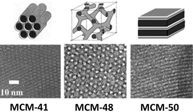 Figure 2.1 Mesoprous materials of M41s family: structural models of M41s (top) and TEM images (bottom)  of the final materials