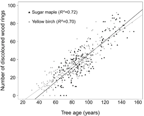 Figure 1.5 Number of discoloured wood rings as a function of the total number of rings at  1.3 m