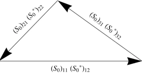 Figure 1: Unitarity triangle built from the first two columns of S 0 , for a generic unitary matrix, assuming CP violation