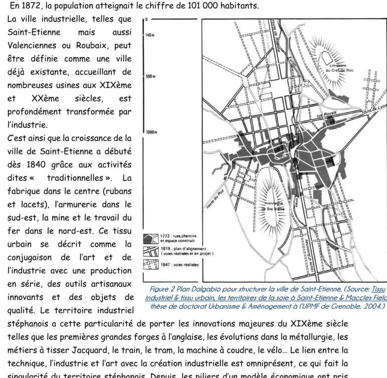 Figure 2 Plan Dalgabio pour structurer la ville de Saint-Etienne. (Source: Tissu  industriel &amp; tissu urbain, les territoires de la soie à Saint-Etienne &amp; Maccles Field, 