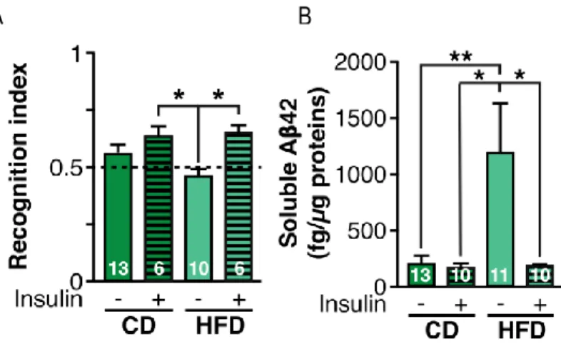 Figure 4 : (A) Index de reconnaissance de souris 3xTg-AD ayant reçu une injection intrapéritonéale (IP) d'insuline  (1IU/kg) ou de salin, 2h précédant le test de reconnaissance d'objets
