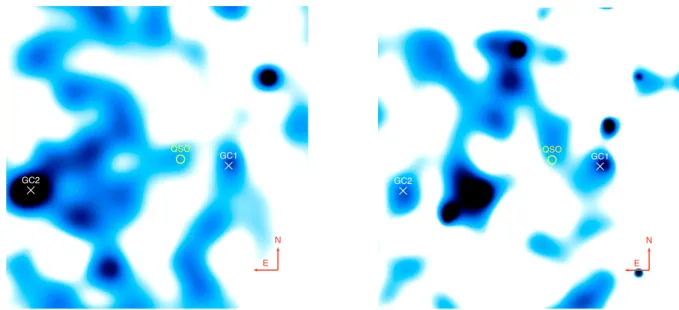 Fig. 8. Density maps of the projected distribution of galaxies in the field of view of HE0450 − 2958 (red circle in the middle of the images) as in Fig
