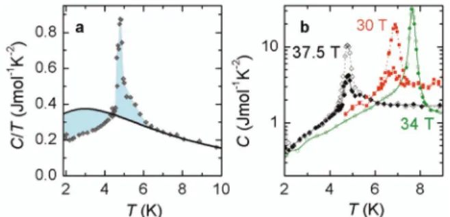 FIG. 4 (color). (a) Actual C p =T data (diamonds) with a calcu- calcu-lated curve (solid line) using parameters extrapocalcu-lated to 37.5 T, obtained by fitting the hybridized-band model for  0 H  38 T.