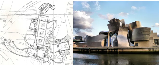 Figure 10. Frank Gehry, musée Guggenheim Bilbao, 1991-97. À gauche : plan de sol du rez-de-chaussée 