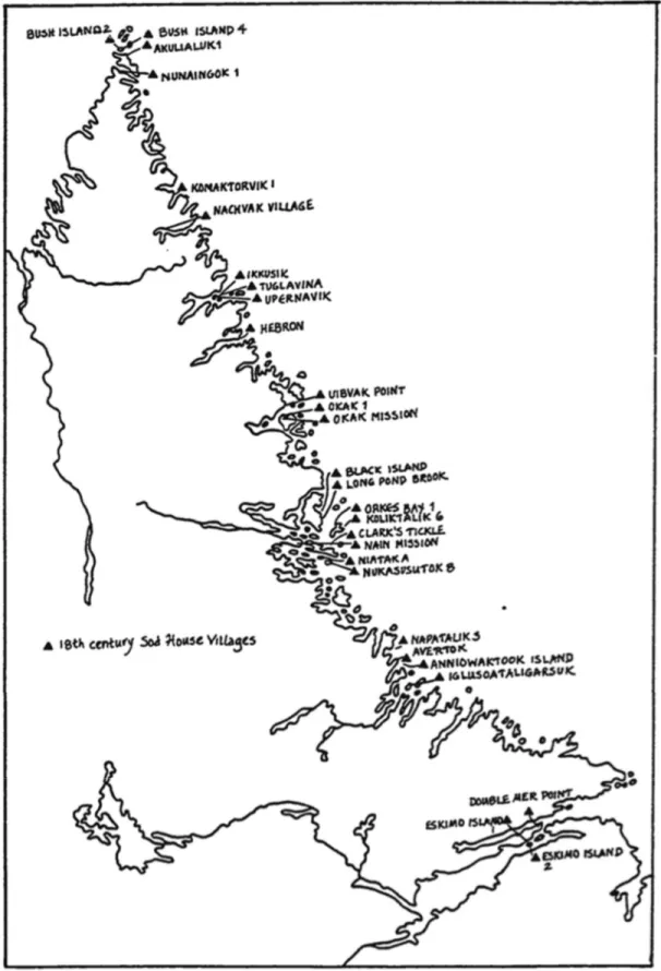 Figure 5 : Localisation des sites inuits hivernaux au 18e siècle sur la côte du Labrador 