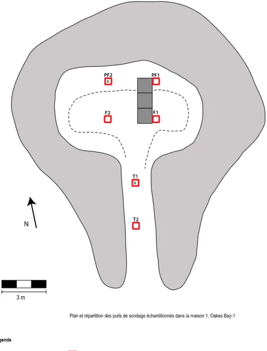 Figure 9 : Plan et répartition des puits de sondage échantillonnés dans la Maison 1, Oakes Bay-1
