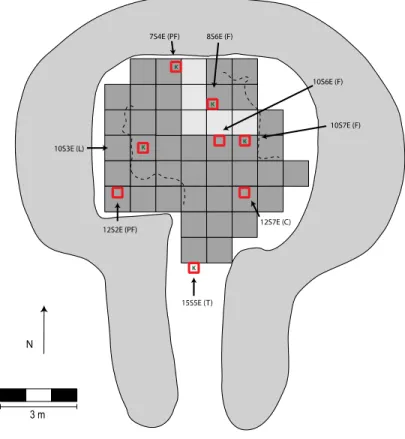 Figure 10 : Plan et répartition des puits de sondage échantillonnés dans la Maison 2, Oakes Bay-1