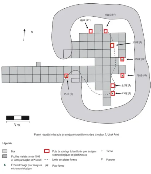 Figure 11 : Plan et répartition des puits de sondage échantillonnés dans la Maison 7, Uivak Point 